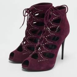 Alexander McQueen Burgundy Suede Ankle Length Studded Cut Out Ankle Boots Size 37