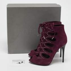 Alexander McQueen Burgundy Suede Ankle Length Studded Cut Out Ankle Boots Size 37