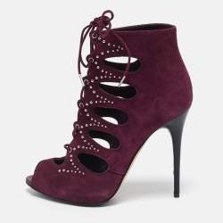 Alexander McQueen Burgundy Suede Ankle Length Studded Cut Out Ankle Boots Size 37