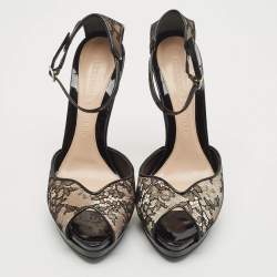 Alexander McQueen Black/Beige Lace and Patent Leather Platform Sandals Size 40