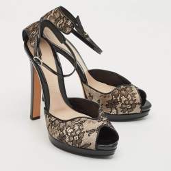 Alexander McQueen Black/Beige Lace and Patent Leather Platform Sandals Size 40