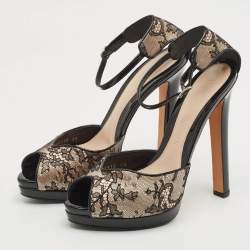 Alexander McQueen Black/Beige Lace and Patent Leather Platform Sandals Size 40