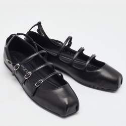 Pre Owned Alexander McQueen Black Leather Caged Mary Jane Ballet Flats Size 38.5
