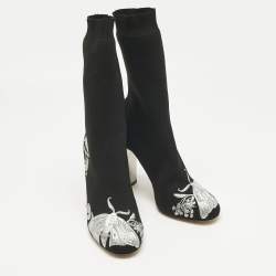 Pre Owned حذاء بوت كاحل ألكسندر ماكوين قماش محاك مطرز بالأسود والفضي مقاس 37