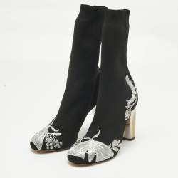 Pre Owned حذاء بوت كاحل ألكسندر ماكوين قماش محاك مطرز بالأسود والفضي مقاس 37