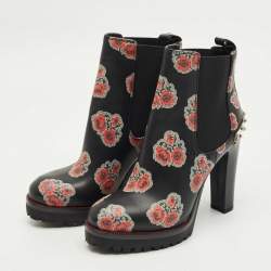 Pre Owned Alexander McQueen Black Rose Print Leather Studded Ankle Length Boots Size 36