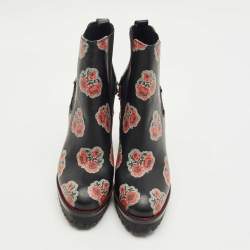 Pre Owned Alexander McQueen Black Rose Print Leather Studded Ankle Length Boots Size 36
