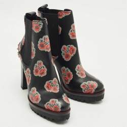 Pre Owned Alexander McQueen Black Rose Print Leather Studded Ankle Length Boots Size 36