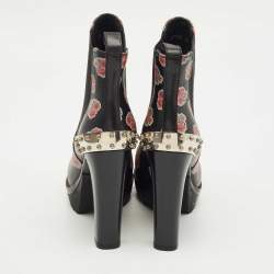 Pre Owned Alexander McQueen Black Rose Print Leather Studded Ankle Length Boots Size 36