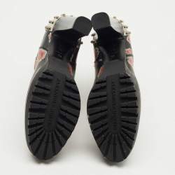 Pre Owned Alexander McQueen Black Rose Print Leather Studded Ankle Length Boots Size 36