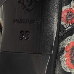 Pre Owned Alexander McQueen Black Rose Print Leather Studded Ankle Length Boots Size 36