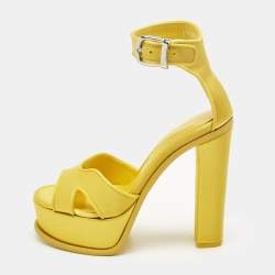Pre Owned Alexander McQueen Yellow Satin Platform Ankle Strap Sandals Size 37