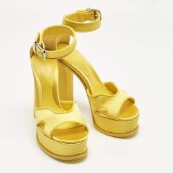 Pre Owned Alexander McQueen Yellow Satin Platform Ankle Strap Sandals Size 37