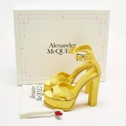Pre Owned Alexander McQueen Yellow Satin Platform Ankle Strap Sandals Size 37