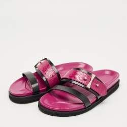 Pre Owned Alexander McQueen Pink/Black Ostrich Leg and Leather Flat Slides Size 38