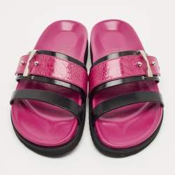 Pre Owned Alexander McQueen Pink/Black Ostrich Leg and Leather Flat Slides Size 38