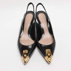 Pre Owned Alexander McQueen Black Patent Leather Punk Spike Slingback Pumps Size 39