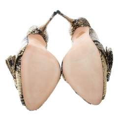 Pre Owned Alexander McQueen Metallic Gold Python Embossed Leather Bow Detail V Neck Peep Toe Mules Size 38.5