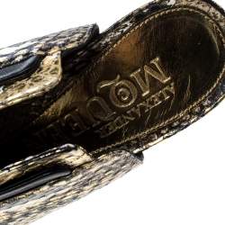 Pre Owned Alexander McQueen Metallic Gold Python Embossed Leather Bow Detail V Neck Peep Toe Mules Size 38.5