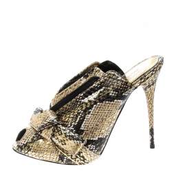 Pre Owned Alexander McQueen Metallic Gold Python Embossed Leather Bow Detail V Neck Peep Toe Mules Size 38.5