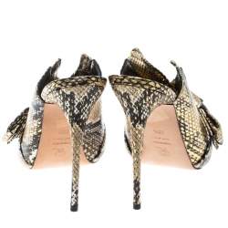 Pre Owned Alexander McQueen Metallic Gold Python Embossed Leather Bow Detail V Neck Peep Toe Mules Size 38.5
