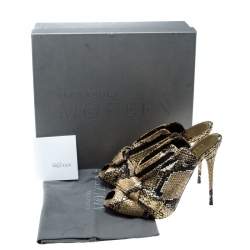 Pre Owned Alexander McQueen Metallic Gold Python Embossed Leather Bow Detail V Neck Peep Toe Mules Size 38.5