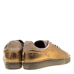 Pre Owned Alexander McQueen Dull Gold Crackled Gold Leather And Suede Zip Detail Sneakers Size 40