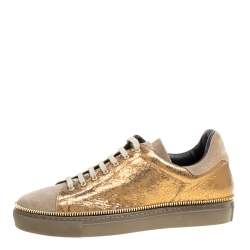 Pre Owned Alexander McQueen Dull Gold Crackled Gold Leather And Suede Zip Detail Sneakers Size 40