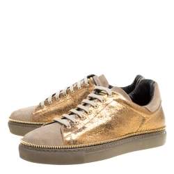 Pre Owned Alexander McQueen Dull Gold Crackled Gold Leather And Suede Zip Detail Sneakers Size 40