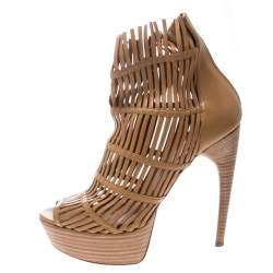 Pre Owned Alexander McQueen Beige Leather Platform Cage Booties Size 39