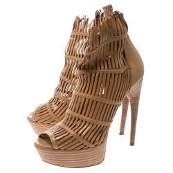 Pre Owned Alexander McQueen Beige Leather Platform Cage Booties Size 39