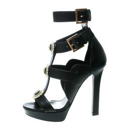 Pre Owned Alexander McQueen Black Leather French Gloss Platform Strappy Sandals Size 38.5