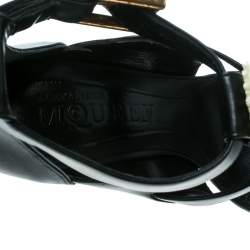 Pre Owned Alexander McQueen Black Leather French Gloss Platform Strappy Sandals Size 38.5