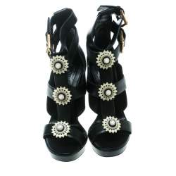 Pre Owned Alexander McQueen Black Leather French Gloss Platform Strappy Sandals Size 38.5