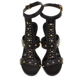 Pre Owned Alexander McQueen Black Leather Spike Studded Ankle Strap Sandals Size 38
