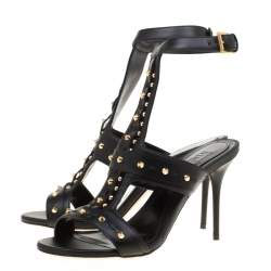 Pre Owned Alexander McQueen Black Leather Spike Studded Ankle Strap Sandals Size 38