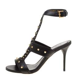 Pre Owned Alexander McQueen Black Leather Spike Studded Ankle Strap Sandals Size 38