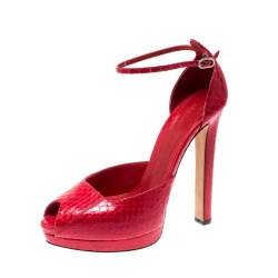 Pre Owned Alexander McQueen Red Python Peep Toe Ankle Strap Platform Sandals Size 38