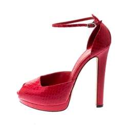 Pre Owned Alexander McQueen Red Python Peep Toe Ankle Strap Platform Sandals Size 38