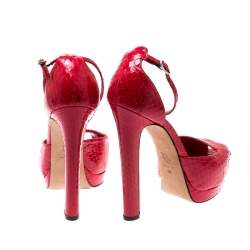 Pre Owned Alexander McQueen Red Python Peep Toe Ankle Strap Platform Sandals Size 38