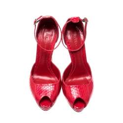 Pre Owned Alexander McQueen Red Python Peep Toe Ankle Strap Platform Sandals Size 38