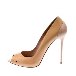 Pre Owned Alexander McQueen Beige Patent Leather Peep Toe Pumps Size 38