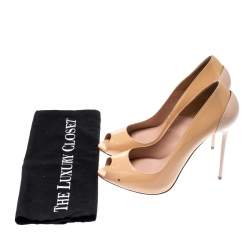 Pre Owned Alexander McQueen Beige Patent Leather Peep Toe Pumps Size 38