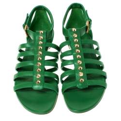 Pre Owned Alexander McQueen Green Leather Spike Detail Flat Gladiator Sandals Size 38.5
