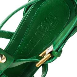 Pre Owned Alexander McQueen Green Leather Spike Detail Flat Gladiator Sandals Size 38.5