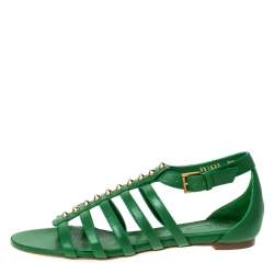 Pre Owned Alexander McQueen Green Leather Spike Detail Flat Gladiator Sandals Size 38.5