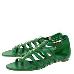 Pre Owned Alexander McQueen Green Leather Spike Detail Flat Gladiator Sandals Size 38.5