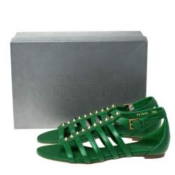 Pre Owned Alexander McQueen Green Leather Spike Detail Flat Gladiator Sandals Size 38.5
