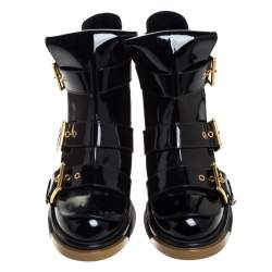Pre Owned Alexander McQueen Black Patent Leather Buckle Detail Rose Heel Ankle Boots Size 40