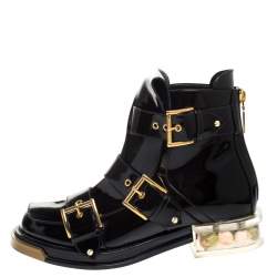 Pre Owned Alexander McQueen Black Patent Leather Buckle Detail Rose Heel Ankle Boots Size 40